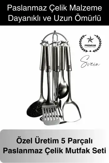 5li Paslanmaz Çelik Mutfak Seti Servis Kepçe Kevgir Spatula Kaşık Takımı Metal Hijyen Çeyiz Pratik