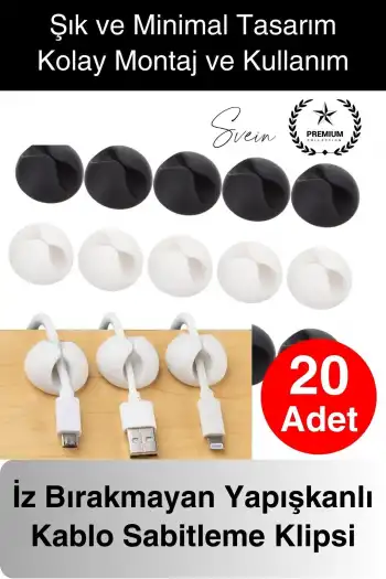 20li İz Bırakmaz Siyah Beyaz Kablo Sabitleme Klipsi Çalışma Masası Düzenleyici Ev Oda Ofis Pratik