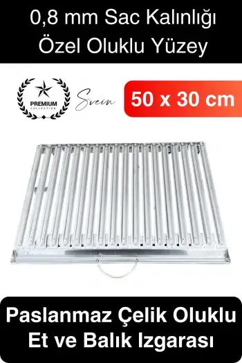 Premium 50 x 30 cm Paslanmaz Çelik 0,8 Kalın Oluklu Izgara Mangal Piknik Kamp Et Balık Kebap Pişirme