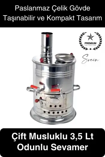 Premium Çift Musluklu 3.5 lt Kömürlü Kamp Piknik İçin Çok Amaçlı Odunlu Çay Semaveri Paslanmaz Çelik
