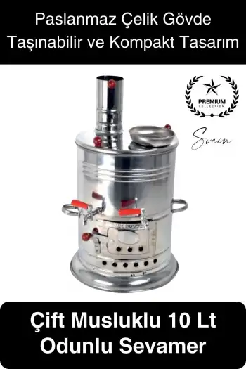 Premium Çift Musluklu 10 lt Kömürlü Kamp Piknik İçin Çok Amaçlı Odunlu Çay Semaveri Paslanmaz Çelik