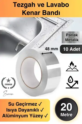 20 Mt Parlak Metalik Gri Tezgah Lavabo Kenar Bandı Sızdırmaz Isıya Dayanıklı Bant Su İzolasyon 10 Ad