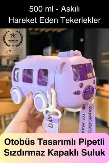 Özel Üretim Otobüs Şeklinde Pipetli Taşıma Askılı Sızdırmaz Kapaklı Çocuk Suluk Matara Okul Beslenme