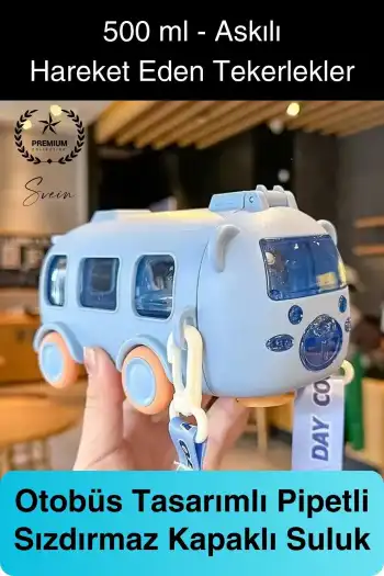 Özel Üretim Otobüs Şeklinde Pipetli Taşıma Askılı Sızdırmaz Kapaklı Çocuk Suluk Matara Okul Beslenme
