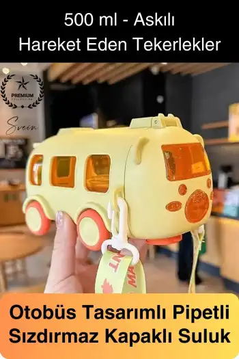 Özel Üretim Otobüs Şeklinde Pipetli Taşıma Askılı Sızdırmaz Kapaklı Çocuk Suluk Matara Okul Beslenme