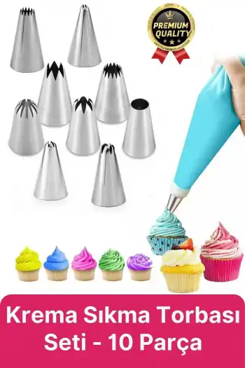Profesyonel Paslanmaz Çelik Uçlu Tatlı Pasta Kurabiye Kek Süsleme Krema Sıkma Torbası Seti 10 Parça
