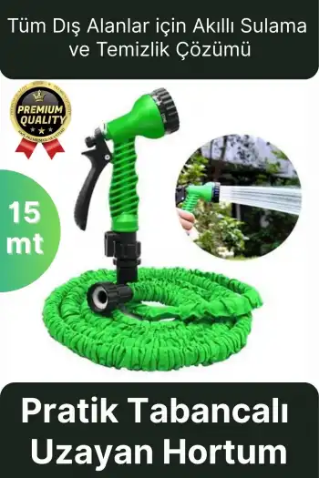 Çok Amaçlı Kırılmaz Dolaşmaz 7 Fonksiyonlu Bahçe Sulama Araç Yıkama Tabancalı Uzayan Hortum 15 Metre