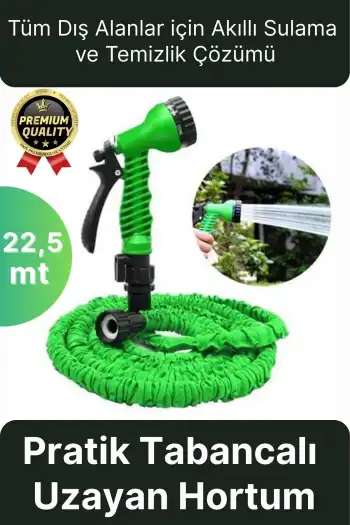 Çok Amaçlı Kırılmaz Dolaşmaz 7 Fonksiyonlu Bahçe Sulama Araç Yıkama Tabancalı Uzayan Hortum 22,5 Mt
