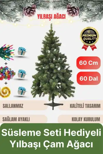 Premium Kalite Yeni Yıl Süsleme Seti Renkli Işık Hediyeli Yılbaşı Çam Ağacı Noel Paketi 60 Cm 60 Dal