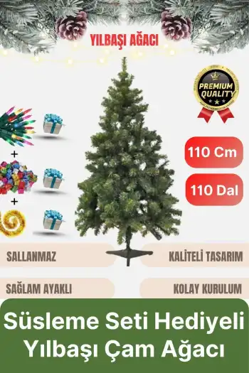 Premium Kalite Yeni Yıl Süsleme Seti Renkli Işık Hediye Yılbaşı Çam Ağacı Noel Paketi 110 Cm 110 Dal