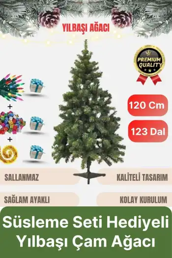 Premium Kalite Yeni Yıl Süsleme Seti Renkli Işık Hediye Yılbaşı Çam Ağacı Noel Paketi 120 Cm 123 Dal