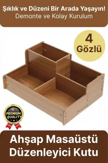 Kırtasiye Kalem Makyaj Malzemesi Saklama Çok Amaçlı 4 Gözlü Bölmeli Ahşap Masa Üstü Düzenleyici Kutu