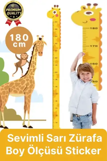 Yeni Seri Çift Taraflı Bantlı Çocuk Büyüme Cetveli Eğlenceli Sevimli Sarı Zürafa Boy Ölçüsü Sticker