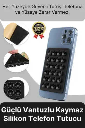 Özel Üretim Tüm Yüzeylere Uyumlu Kaymaz Siyah Güçlü Vantuzlu Silikon Yapışkanlı Telefon Tutucu