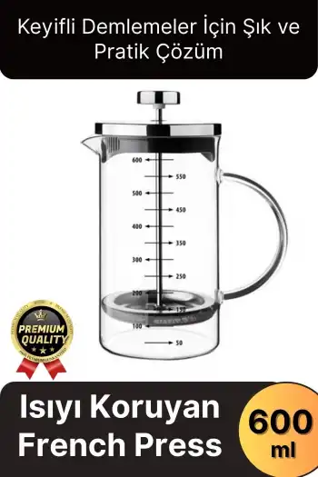 Çok Amaçlı Isıyı Koruyan Süzgeçli Bitki Çayı Filtre Kahve Demlik Ölçü Kabı Cam French Press 600 ml