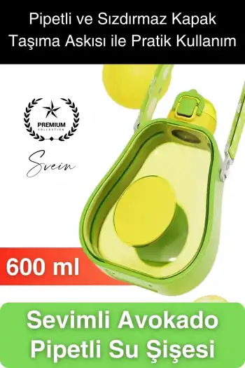 Pipetli Sızdırmaz Kapak Taşıma Askılı Sevimli Avokado Su Şişesi Çocuk Okul Suluk Matarası Tritan