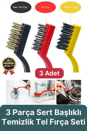 Çok Amaçlı Bakır Naylon Yağ Çıkarma Aspiratör Ocak Lavabo Fırın Detaylı Temizlik Tel Fırça 3 Parça