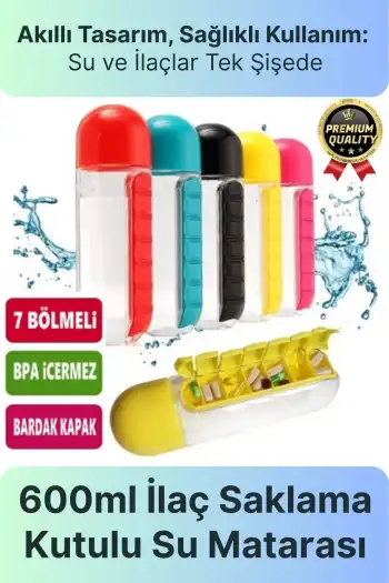 Özel Üretim Pillbox Suluk Organizer %100 BPA İçermez 7 Gün Hap İlaç Saklama Kutulu 600ml Su Matarası