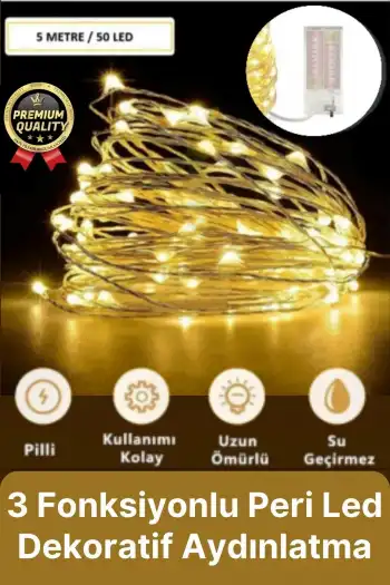 Dekoratif Aydınlatma Yeni Yıl Yılbaşı Pilli 3 Fonksiyonlu Günışığı Sarı Renk Peri Led Işık 5 Metre