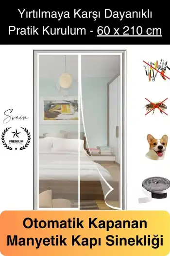Dayanıklı Mıknatıslı Kapı Sinekliği 60x210 cm Tül Haşere Böcek Sivrisinek Geçirmez Manyetik Beyaz