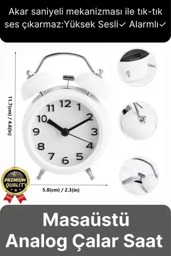Premium Kalite Dekoratif Pilli Yüksek Sesli Alarmlı Çift Çan Formlu Masaüstü Mini Analog Çalar Saat