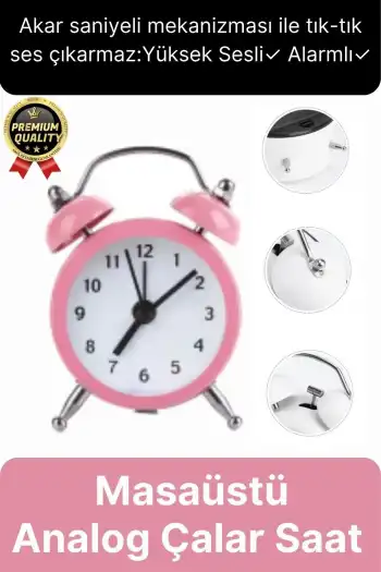 Premium Kalite Dekoratif Pilli Yüksek Sesli Alarmlı Çift Çan Formlu Masaüstü Mini Analog Çalar Saat