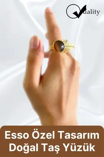 Özel Üretim Altın Pirinç Kaplama Vintage Görünümlü Şık Tasarımlı Ayarlanabilir Doğal Taş Kadın Yüzük