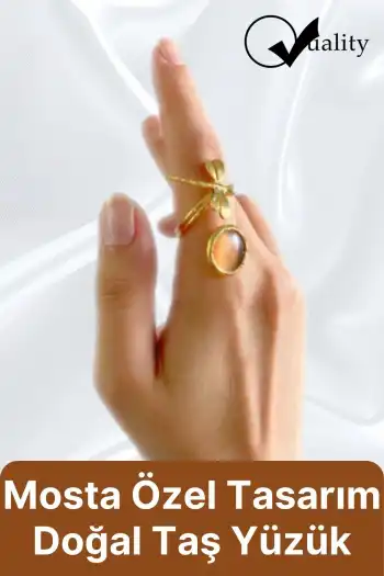 Özel Üretim Altın Pirinç Kaplama Vintage Görünümlü Şık Tasarımlı Ayarlanabilir Doğal Taş Kadın Yüzük
