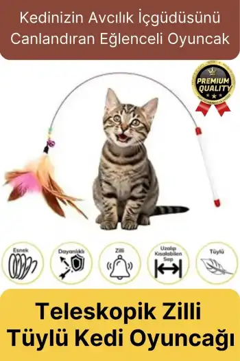 Özel Üretim Bükülebilir Elastik Çanlı Eğlenceli Teleskopik Zilli Tüylü Kedi Oyuncağı Oyun Oltası