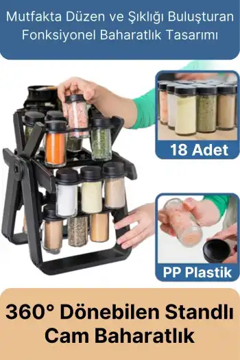 Özel Üretim Dayanıklı 360° Dönebilen Düzenleyici Standlı 18 Adet 100ml Cam Baharatlık 34x26x23 cm