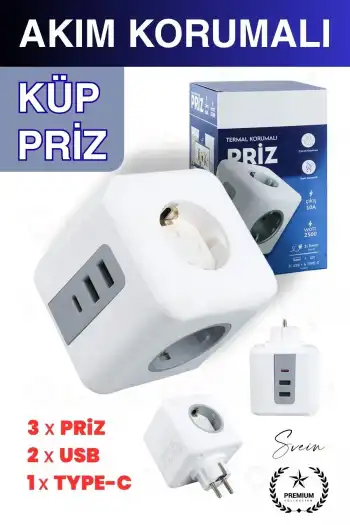 Premium 3lü Duvar Çocuk ve Akım Korumalı Isıya Dayanıklı Çoklu Küp Priz Usb Type-C Girişli Topraklı
