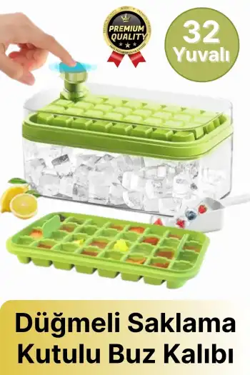 Yeni Seri Pratik Dondurucu Geniş Kapasite Silikon Düğmeli Basmalı Saklama Kutulu 32li Buz Kalıbı