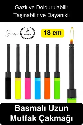 Premium 18 cm Basmalı Uzun Mutfak Çakmağı Gazlı Doldurulabilir Mum Mangal Kamp İçin Normal Alev