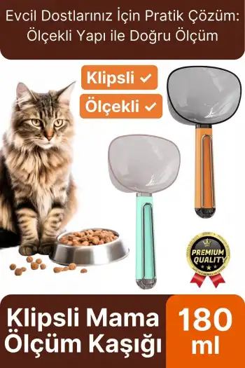 Çok Amaçlı Klipsli Ölçekli Şeffaf Başlıklı 180ml Kapasiteli Kedi Köpek Mama Ölçüm Kaşığı Küreği