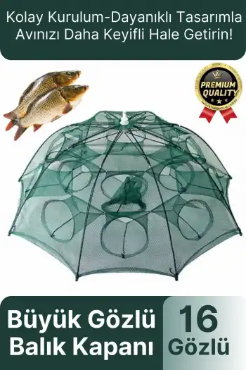 Özel Kolay Kurulum Fermuarlı Yem Bölmeli Büyük Gözlü Yengeç Balık Tuzağı Kapanı Ağı Filesi 16 Gözlü