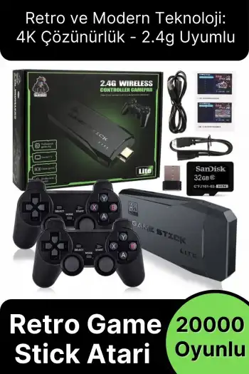 Nostaljik 4K Çözünürlük 2.4g Uyumlu Kablosuz Çift Kol Konsol Retro 20000 Oyunlu Game Stick Atari