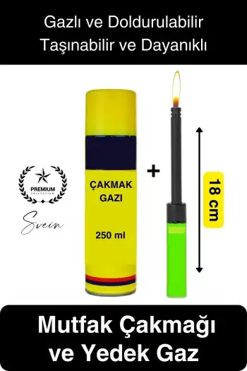 Premium 18 cm Basmalı Uzun Mutfak Çakmağı ve Yedek Gazlı 250 ml Mum Mangal Kamp İçin Normal Alev