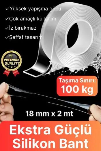 Çok Amaçlı Dayanıklı Çift Taraflı İz Bırakmaz Tamir Montaj Bandı Şeffaf Güçlü Silikon Bant 18mmX 2mt