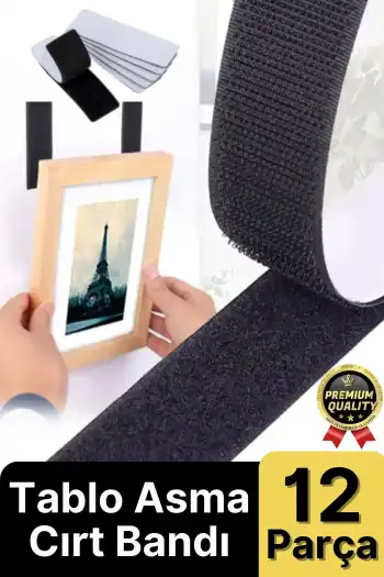 Ultra Güçlü İz Bırakmaz Çivisiz Tablo Çerçeve Asma Kendinden Yapışkanlı Siyah Cırt Bant 12li Set