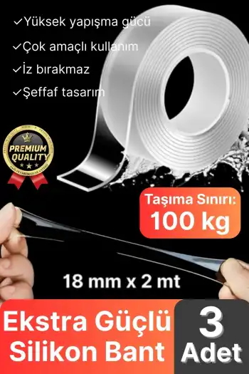 3 Adet Çok Amaçlı Çift Taraflı İz Bırakmaz Tamir Montaj Bandı Şeffaf Güçlü Silikon Bant 18 mm X 2 mt