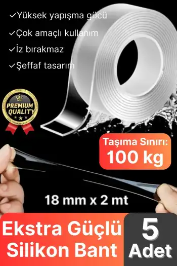 5 Adet Çok Amaçlı Çift Taraflı İz Bırakmaz Tamir Montaj Bandı Şeffaf Güçlü Silikon Bant 18 mm X 2 mt