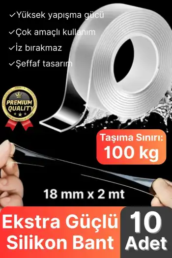 10 Adet Çok Amaçlı Çift Taraflı İz Bırakmaz Tamir Montaj Bandı Şeffaf Güçlü Silikon Bant 18mm X 2 mt