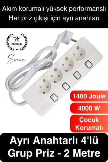 Özel Üretim 4lü Ayrı Anahtarlı 2 Metre Akım Korumalı Grup Priz 1400 Joule 4000W Çoklu Uzatma Kablo