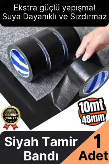 1 Adet Ekstra Güçlü Dayanıklı Su Geçirmez Sızdırmaz Yalıtım İzolasyon Siyah Tamir Bandı 10 Mt 48 Mm