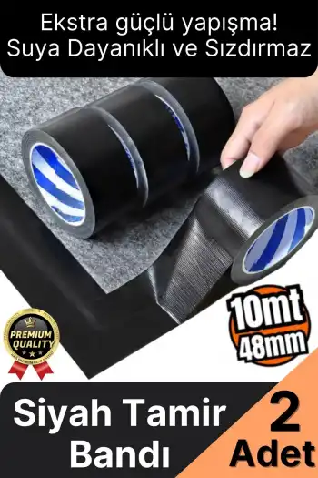 2 Adet Ekstra Güçlü Dayanıklı Su Geçirmez Sızdırmaz Yalıtım İzolasyon Siyah Tamir Bandı 10 Mt 48 Mm
