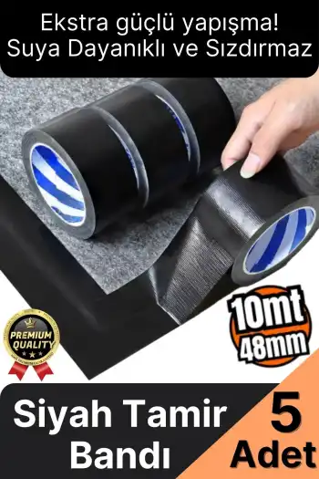 5 Adet Ekstra Güçlü Dayanıklı Su Geçirmez Sızdırmaz Yalıtım İzolasyon Siyah Tamir Bandı 10 Mt 48 Mm