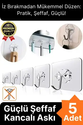 Çok Amaçlı Süper Güçlü Kendinden Yapışkanlı Kolay Montaj Duvar Mutfak Şeffaf Askılık Kancalı Askı