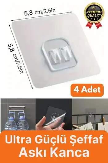 4 Adet Ultra Güçlü Suya Dayanıklı İz Bırakmaz Şeffaf Mutfak Banyo Tablo Raf Ayna Tutucu Askı Kanca
