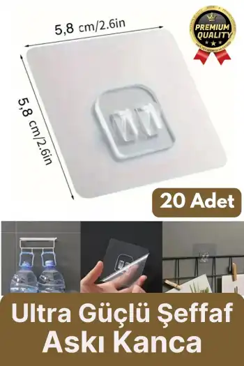 20 Adet Süper Güçlü Şeffaf İz Bırakmaz Suya Dayanıklı Banyo Duş Mutfak Tablo Raf Tutucu Askı Kanca