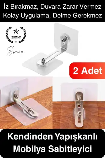 2 Adet Kendinden Yapışkanlı Mobilya Sabitleme Seti Delme Gerekmez Dolap Raf Tutucu Deprem Güvenliği
